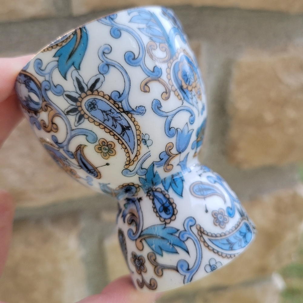Lefton Egg Cup & Crescent Bone Side Trinket Dish Blue Paisley Vintage ~ Pretty! - Picture 13 of 16